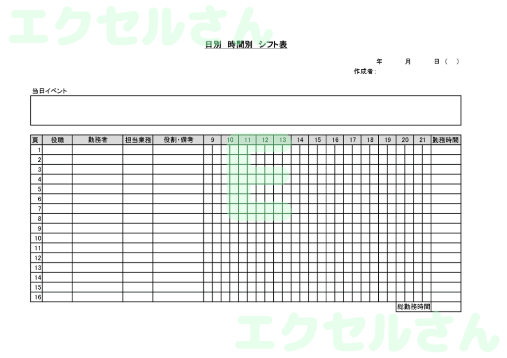 日別時間別シフト表：Excel
