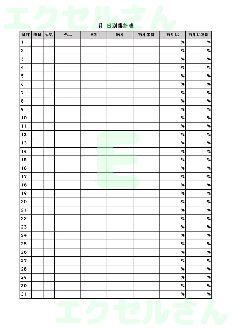 日別集計表：Excel無料A4テンプレートをダウンロード！ビジネスをスムーズに♪-00817