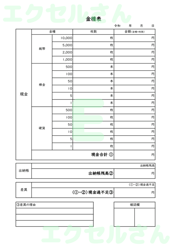 金種表:Excel無料A4テン