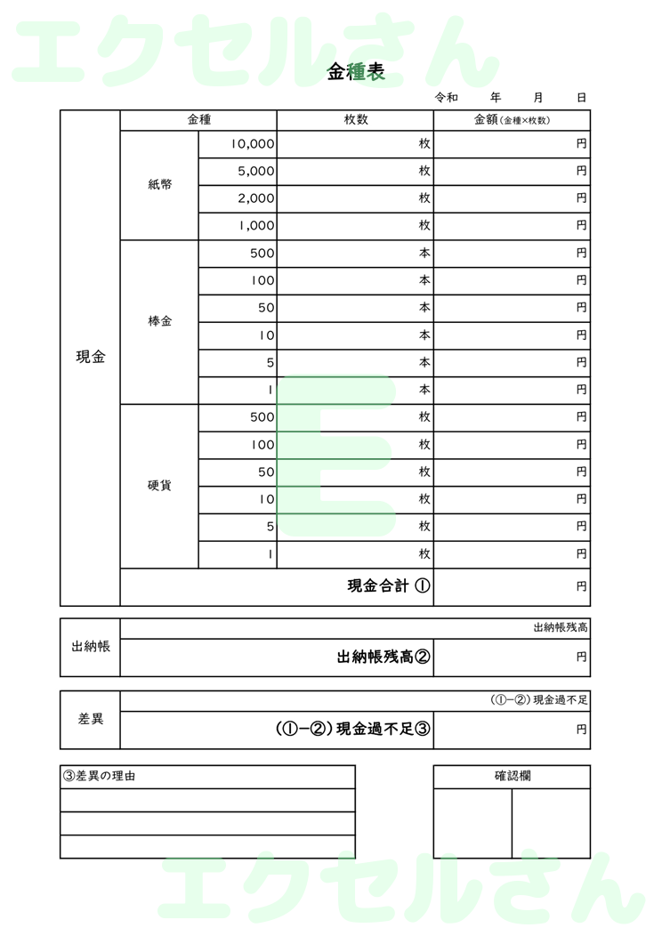 金種表：Excel無料A4テンプレートをダウンロード！便利なフォーマット♪-00684