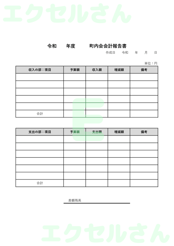 町内会会計報告書:Excel無