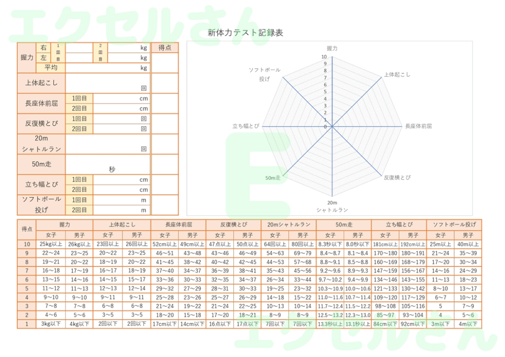 新体力テスト記録表：Excel