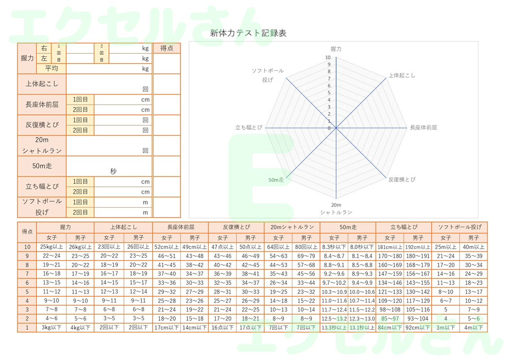 新体力テスト記録表：Excel無料A4テンプレートをダウンロード！文字入力するだけ♪-01600