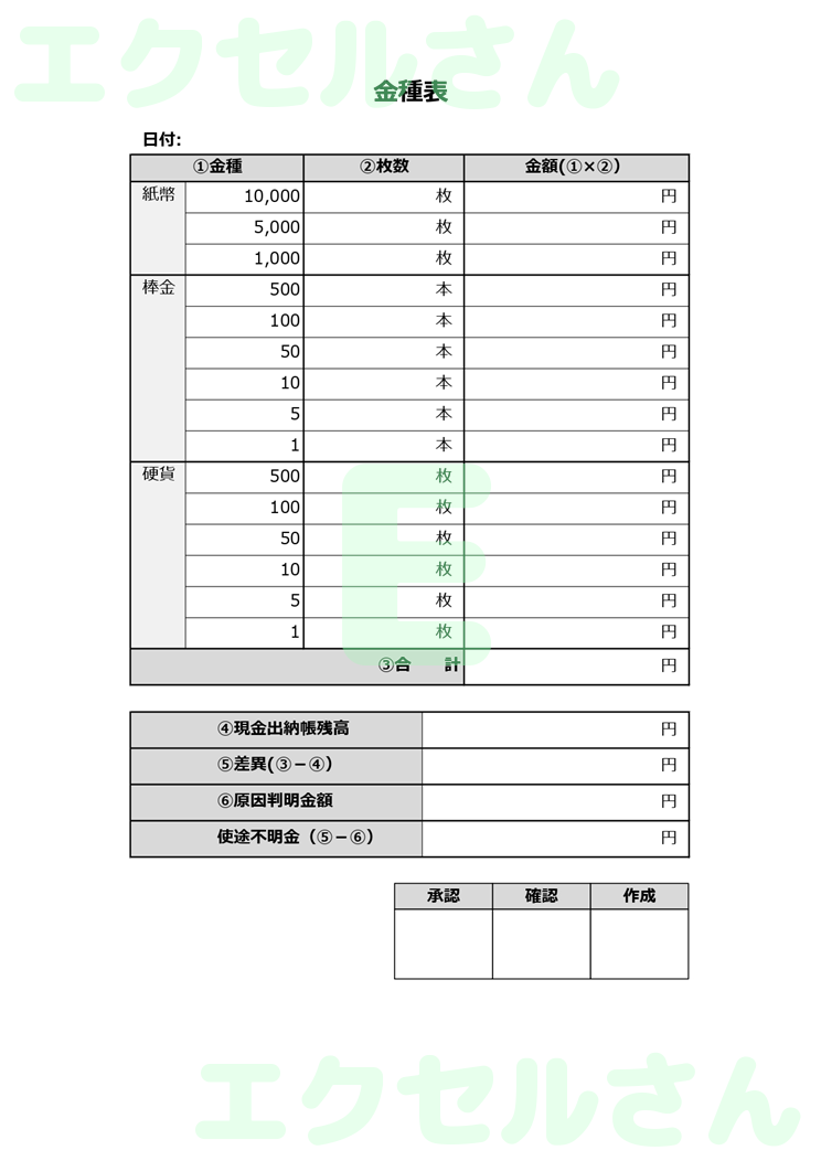 金種表：Excel無料A4テンプレートをダウンロード！分かりやすい書式♪-01129