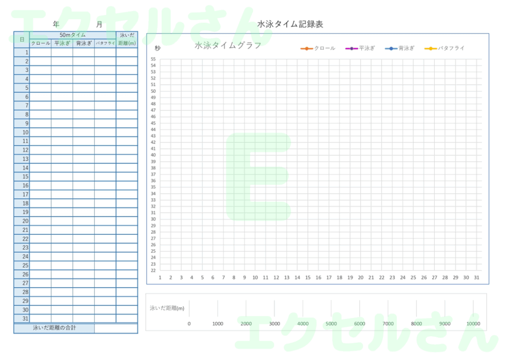 水泳タイム記録表：Excel無