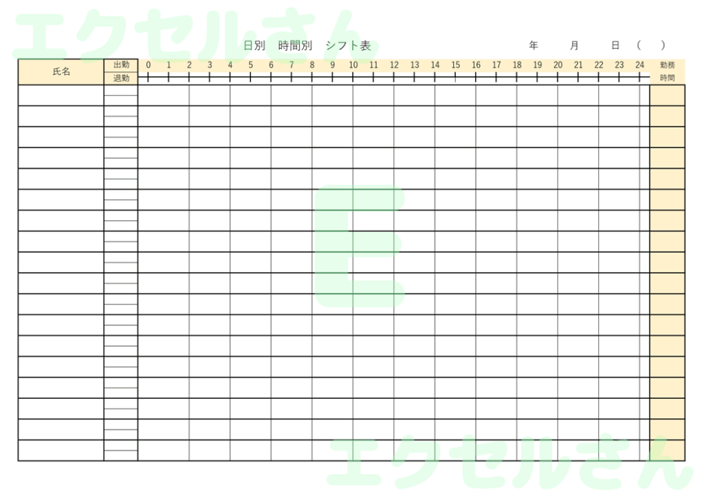 日別時間別シフト表：Excel