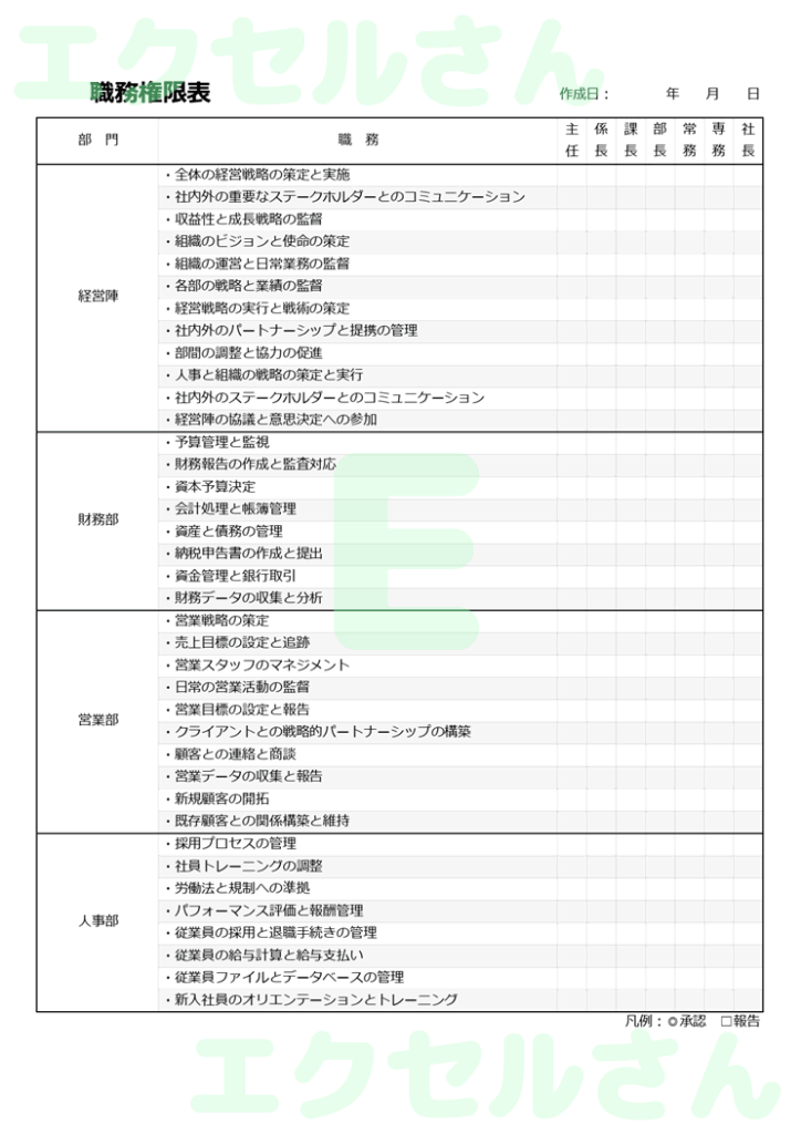 職務権限表：Excel無料A4