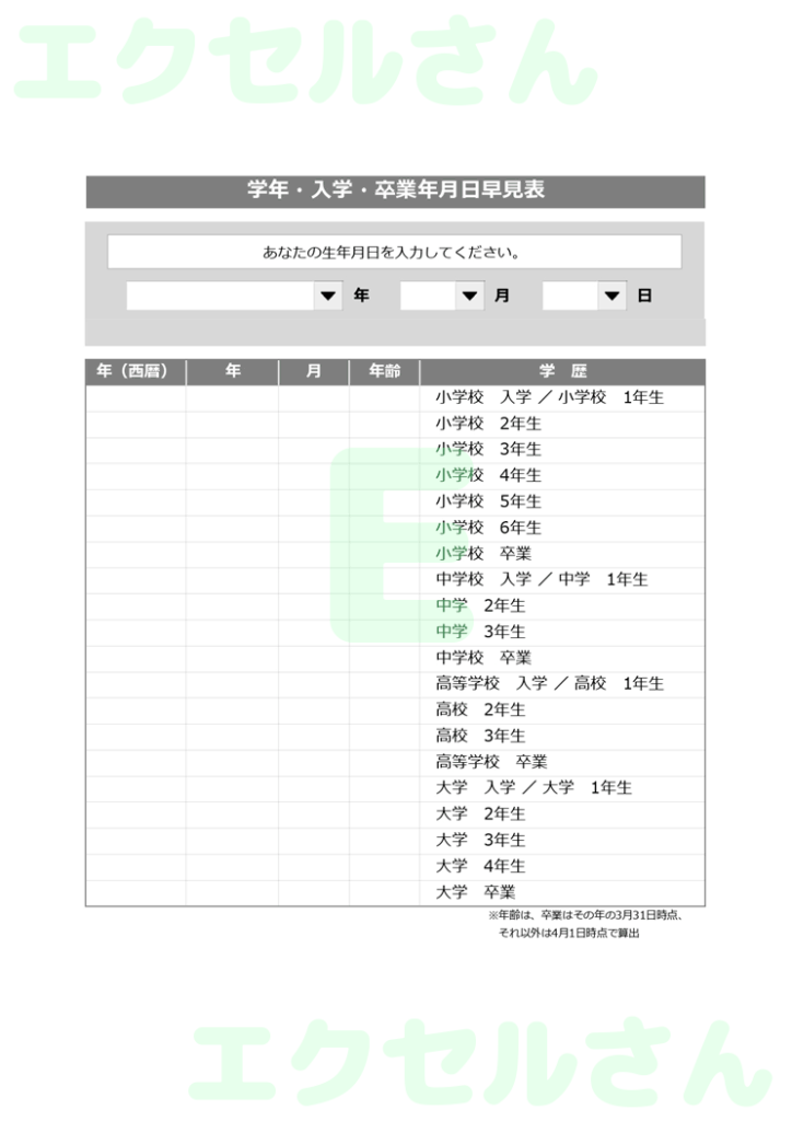早見表学年入学:Excel無料