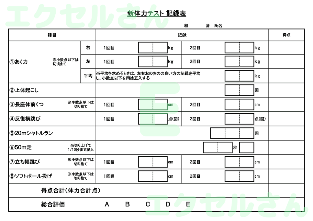 新体力テスト記録表：Excel