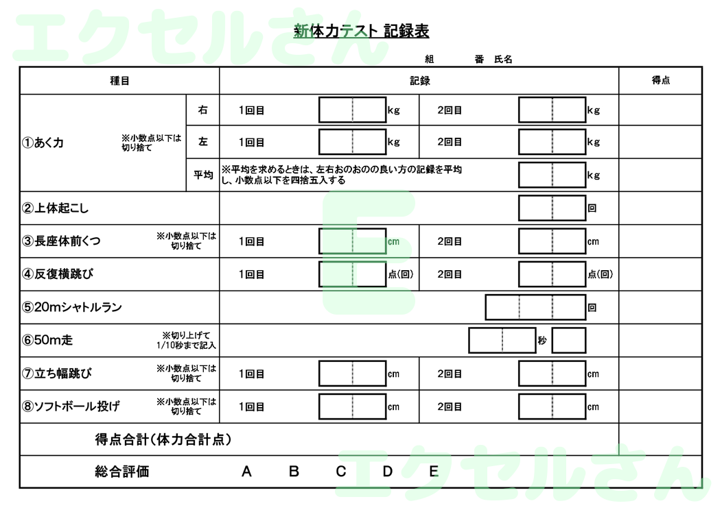 新体力テスト記録表：Excel無料A4テンプレートをダウンロード！文字入力するだけ♪-01150