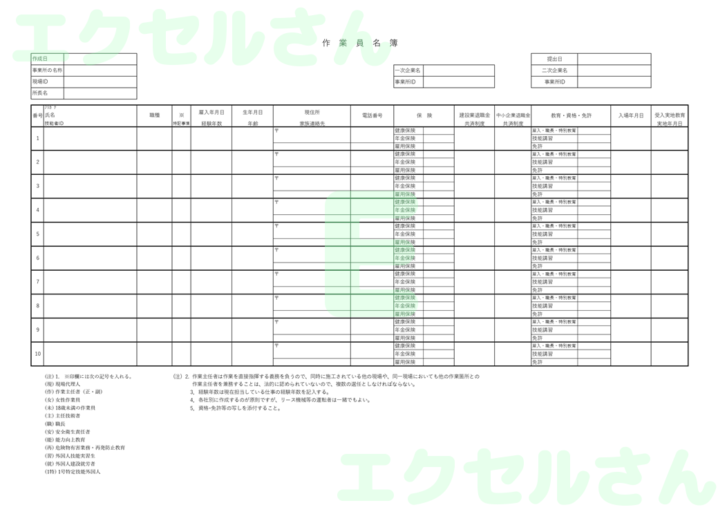 作業員名簿：Excel無料A4テンプレートをダウンロード！ビジネスをスムーズに♪-01577